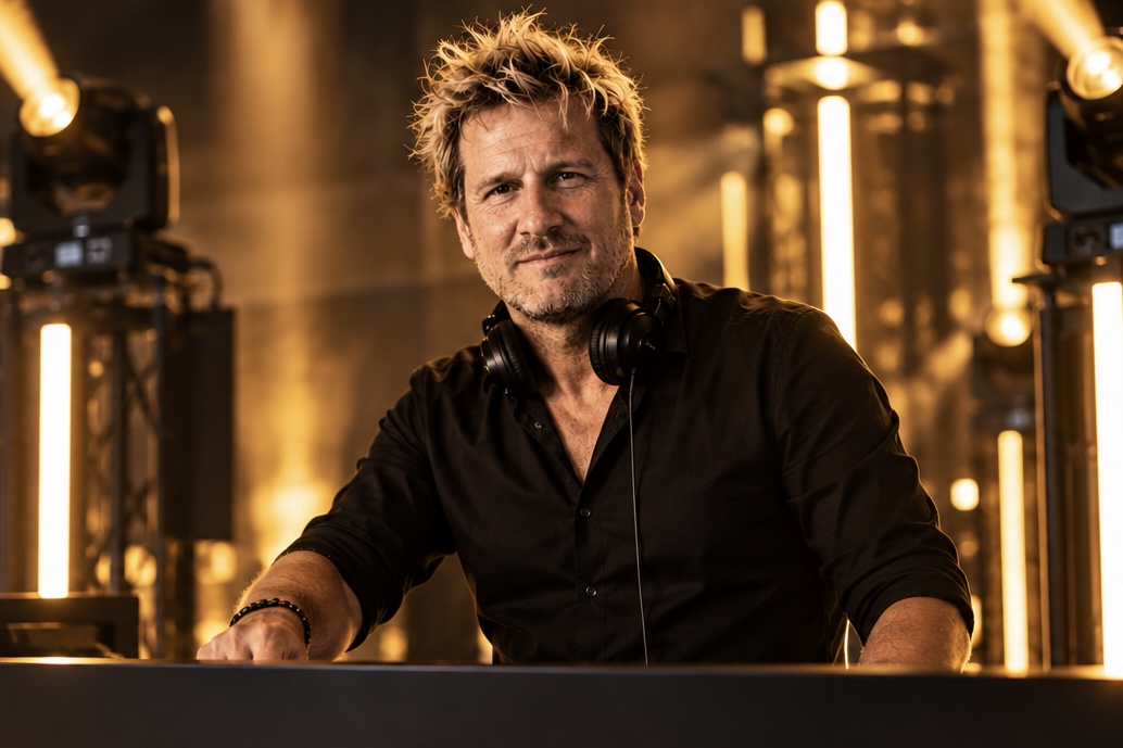 DJ am Pult in goldenem Gegenlicht – di.DJ