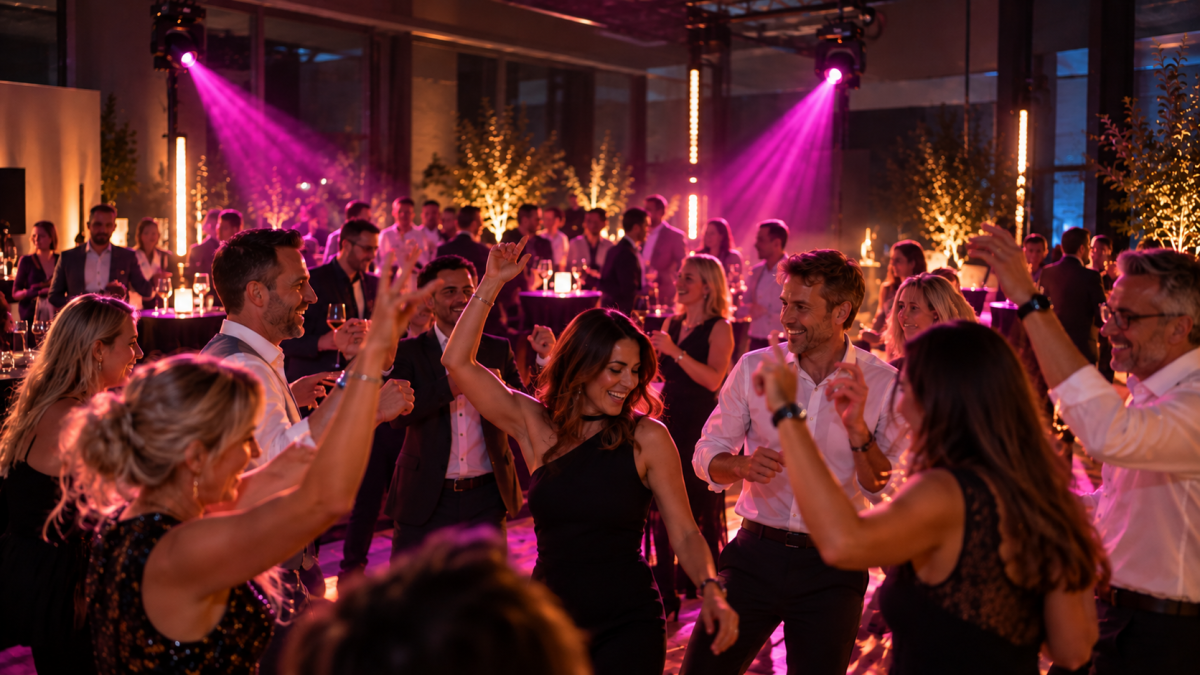 Festlicher Firmenanlass mit Gästen in goldenem Licht – Firmenanlass-DJ di.DJ